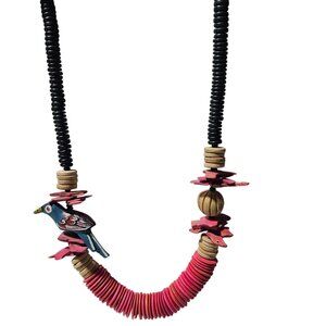 Handcrafted Wooden Carved Parrot Beaded Necklace Pink Disc Accent Tribal Jewelry